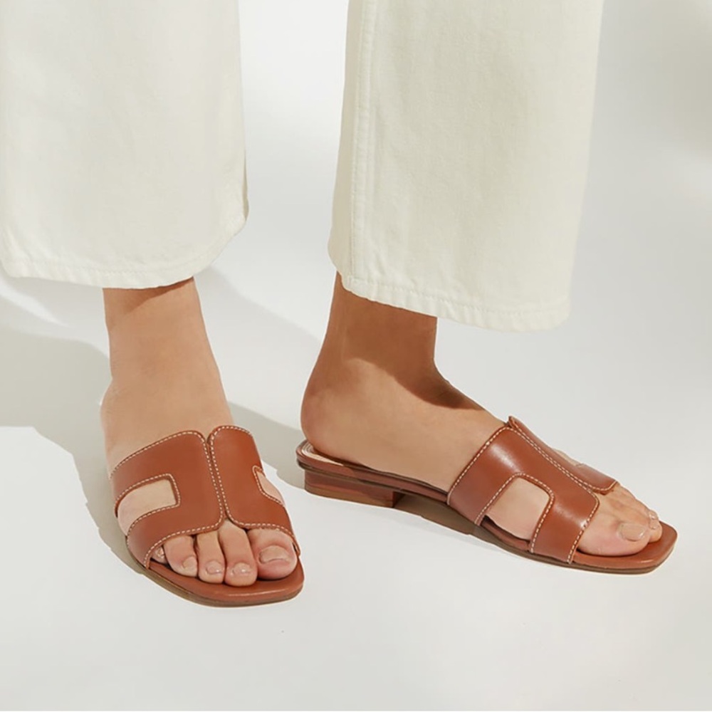 Dune London Tan looper Leather Slide Sandals